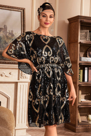 SvartGuldet Glitterpaljetter 1920-talsklänning Med Batwingärmar